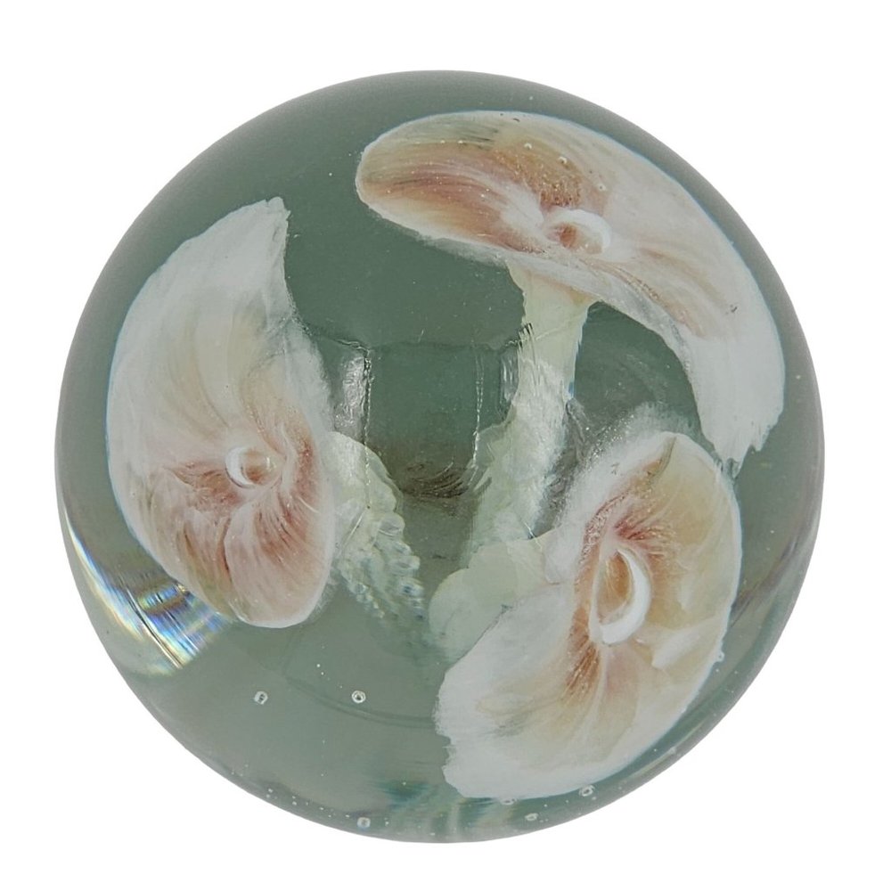 Handblown Art Glass Round Paperweight Lily Flower 22.5 oz white orange mushroom - Picture 3 of 8